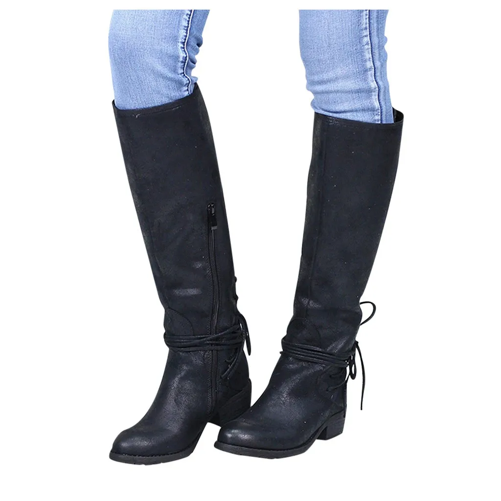 Женские зимние теплые сапоги до колена на меху женские зимние сапоги женские высокие сапоги на высоком каблуке с перекрестной шнуровкой на молнии обувь большого размера#917 - Цвет: BK
