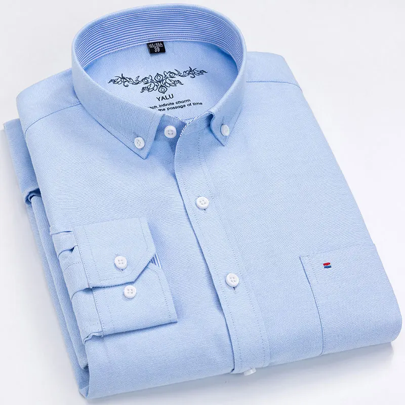 Осень весна мужская рубашка оксфорд с длинным рукавом на пуговицах полосатая/однотонная модная деловая мягкая Высококачественная умная Повседневная рубашка - Цвет: 5621