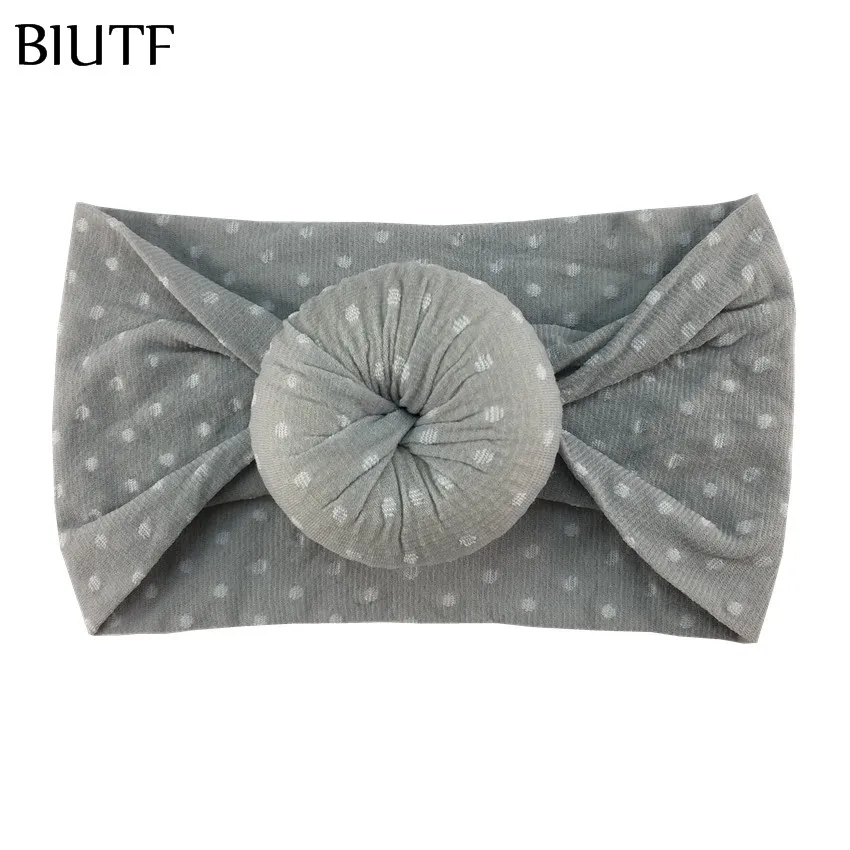 20pcs/lot DIY Polka Dot Wide Soft Elastic Nylon Headband with 6cm Round Donut Knot Fashion Ear Turban Head Wrap HB114 - Цвет: 2-gray