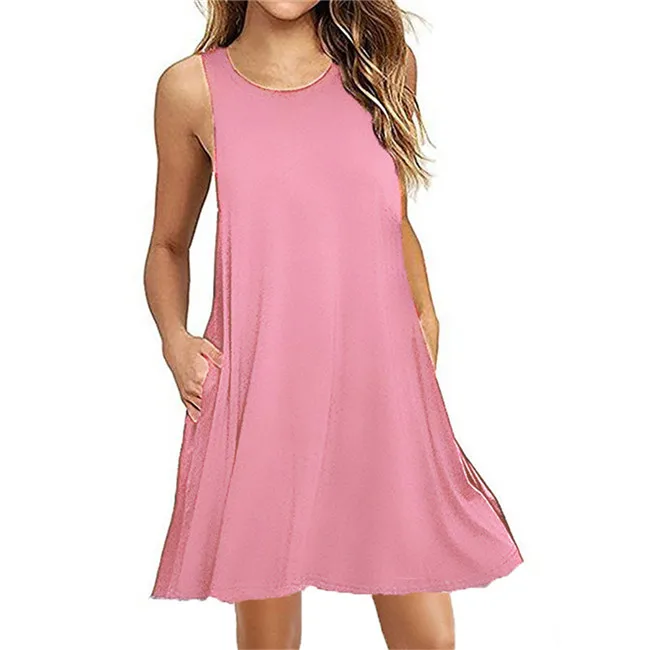 Женское летнее платье без рукавов, осень, модное тонкое женское Повседневное платье трапециевидной формы с круглым вырезом - Цвет: Pink