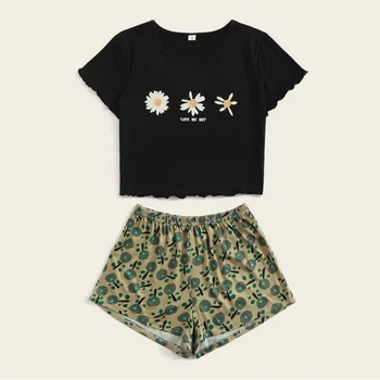 

2020 Summer New Floral Printed Pyjamas Sets Women Short Sleeve T Shirt +Shorts Pajama Sets Cute Home Clothes Girl's Sleepwear