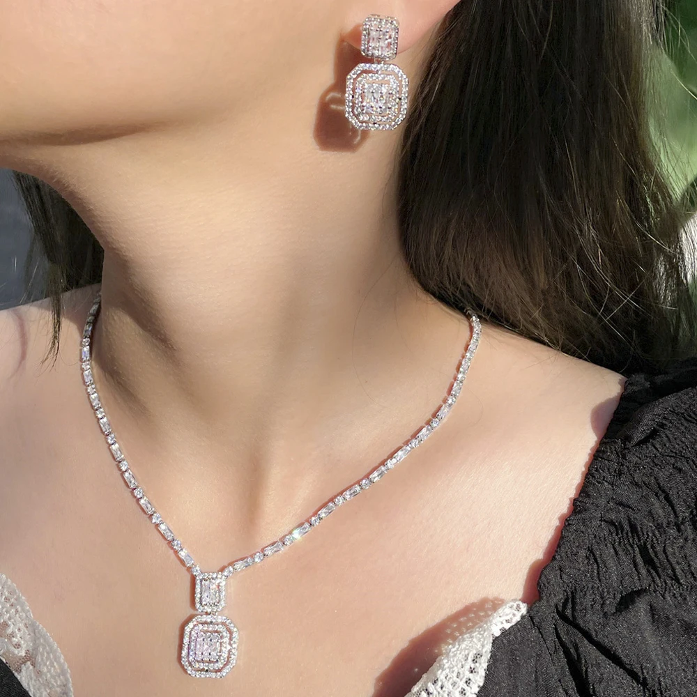 ThreeGraces Geometric Square Earrings Necklace Shiny Cubic Zirconia Crystal Fashion Jewelry Set for Women Party Gift TZ651 jewelry sets jewelry set