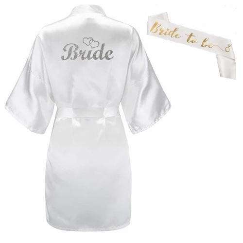 robe sash silver Sisbigdey/комплект из 3 предметов; блестящий золотой атласный короткий халат для невесты; тапочки для невесты; пеньюар для невесты с поясом; женские вечерние кимоно; коллекция года - Цвет: robe sash silver