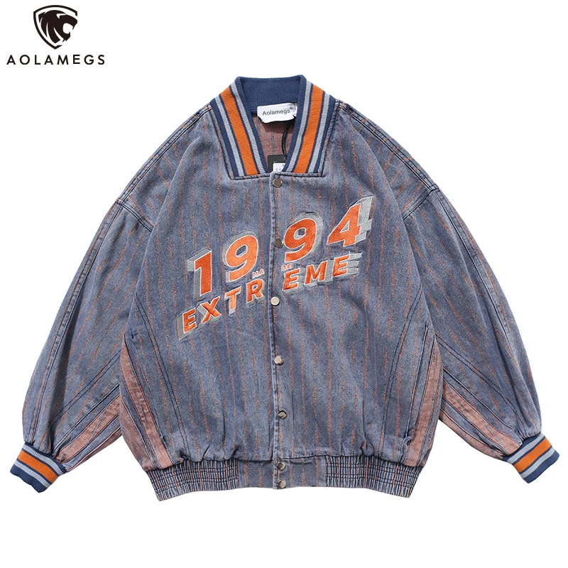 

Aolamegs Baseball Denim jacket Men Single Breasted Striped Print Bomber Jacket Autumn Retro Harajuku College Style men clothing