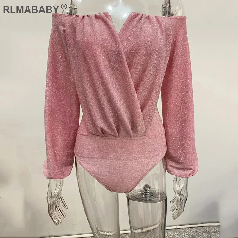 Rlmaaby блестящие с открытыми плечами с длинным рукавом сексуальные женские боди с рюшами облегающие комбинезоны комбинезон офисный Женский Повседневный боди