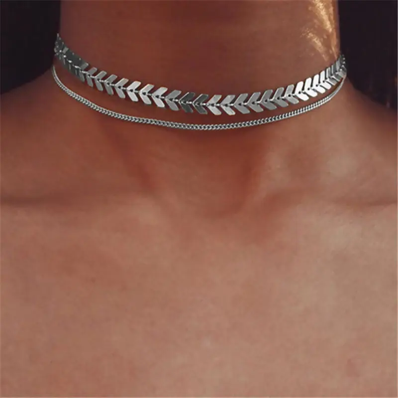 Boho шикарное двойное многослойное Колье чокер из металлического сплава Золотое и серебряное ожерелье с цепочкой для склона для женщин лучший подарок для ювелирных изделий длиной 34 см, 1 шт
