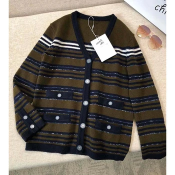 

Cosmicchic 2020 Runway Designer Striped Knitting Cardigans Long Sleeve V Neck Cashmere Sweater Jacket Button Pocket Cardigan