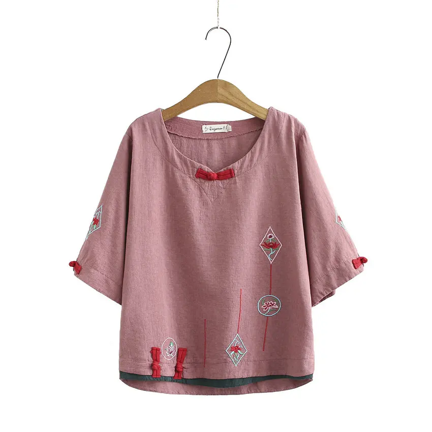 

Women Summer Vintage Design Cotton Linen Blouses Pink Blue Green Red Embroidery Knot Button Tops For Ladies Chinese Style 2020
