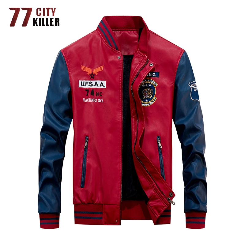 77City Killer Dropshipping Leather Jacket Men Baseball Motorcycle Patchwork PU Jackets Male Fleece Windproof Faux Leather Jacket