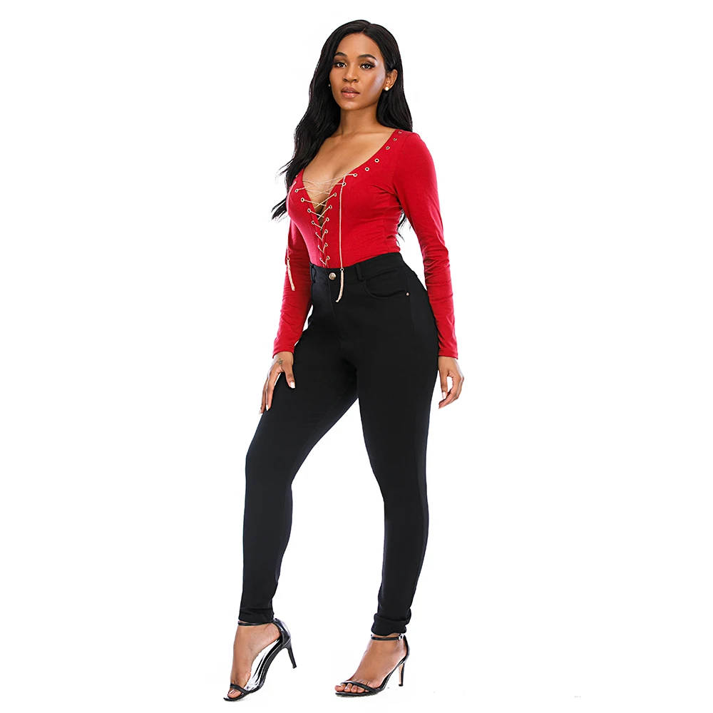 

Sexy Long Sleeve S-XXL Women Top with Metal Chain Red Bodysuit Top Sexy Clubwear Ladies Adjustable Lace Up Hollow Out Jumpsuits