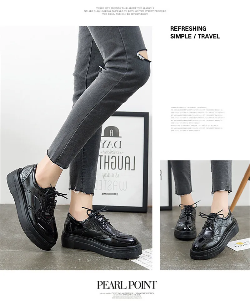 British Style Patent Leather Oxford Shoes For Woman Carved Soft Bottom Flat Platform Women's Brogues Shoes Size 33-43 Creepers (22)