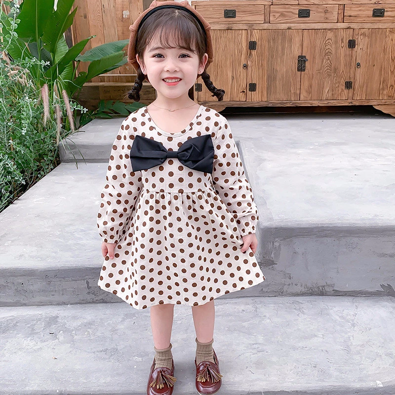Детские платья из 100% хлопка для девочек черное платье в горошек с бантом детей