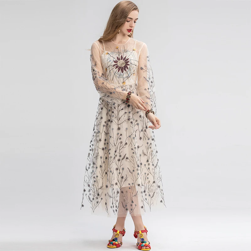 LD LINDA делла весенние модные Подиумные элегантные вечерние женские платья с длинным рукавом винтажное платье из тюля с вышивкой