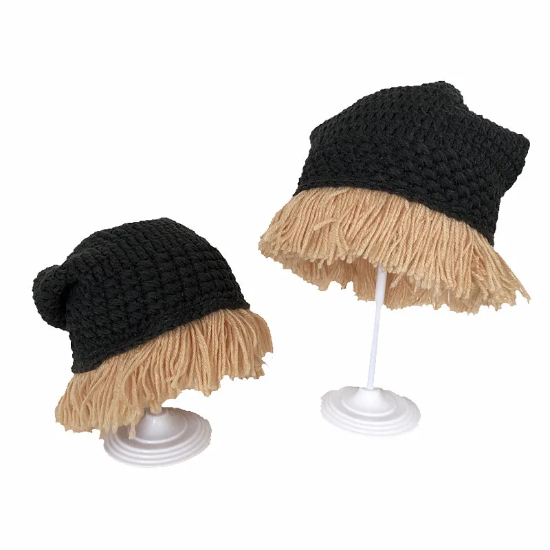 Children Funny Wig Cap Handmade Crochet Beggar Hat Parent-child Street Casual Cute Knitted Hats Warm Skullies Beanies Boys Caps