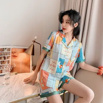 

Fiklyc New Ladies Summer Ice Silk Short Sleeve Shorts Suit Simulation Silk Girl Home Service