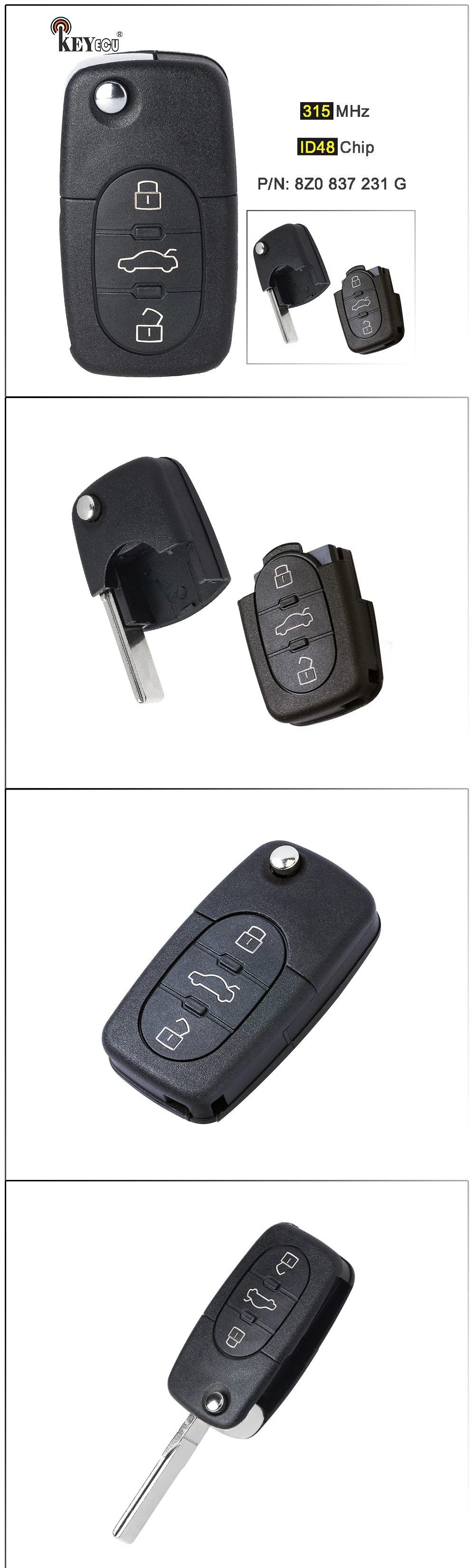 Keyforkess 315MHz ID48 P/N: 8 z0 837 231 G Flip 3 pulsanti portachiavi a distanza per Audi A4 S4 A6 S6 A8 S8 TT 2001-2005 - Ha2f0ec42ae1449cc814561def274adb2z