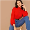 SHEIN модная женская футболка с воротником-стойкой и рукавом-фонариком с рюшами в рубчик без ожерелья, осенняя однотонная элегантная женская футболка для офиса