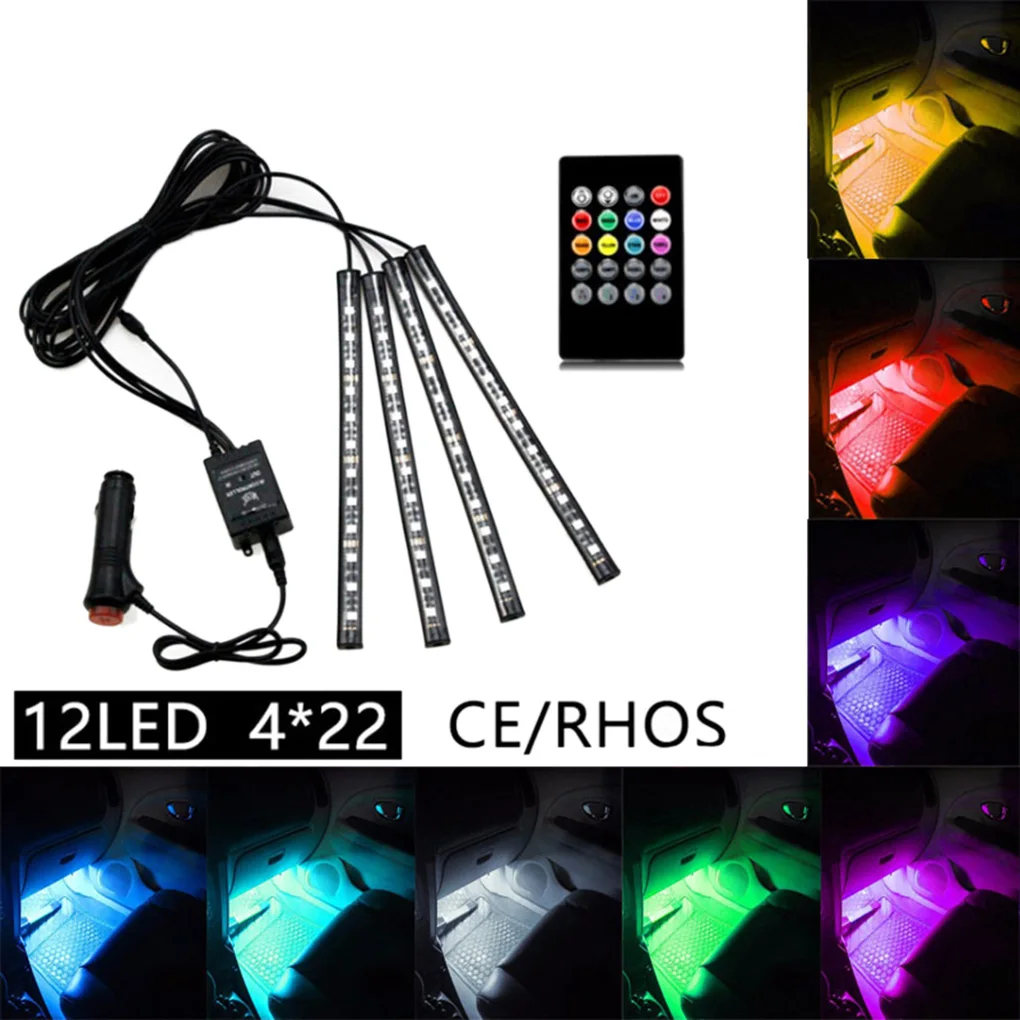 4 шт., автомобильный RGB светодиодный светильник, светодиодный светильник, s цвета, для стайлинга автомобиля, декоративные атмосферные лампы, автомобильный интерьерный светильник с пультом дистанционного управления 12 В