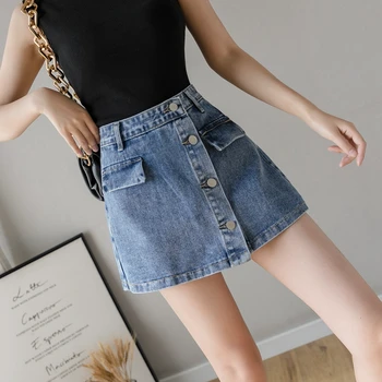 

2020 New Fashion High Waist Single Breasted Shorts Skirts Women Denim Shorts Black Blue Jeans Shorts Woman Casual Culottes