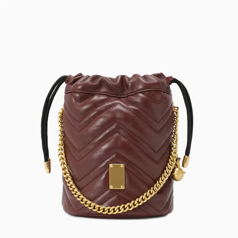 

Small Mini Bucket Drawstring Bags Wave pattern Real Leather Lady Handbags Chain Evening Bags Girls Fashion Crossbody Bags