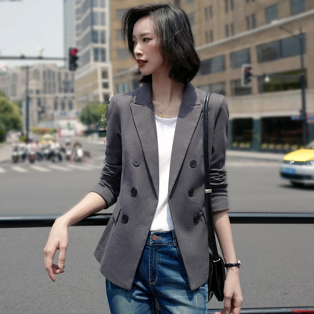 

2020 Autumn Winter Formal Elegant Gray Black Women's Blazers Suit Jacket Office Ladies Work Wear Blouses and Tops Outfits Coat