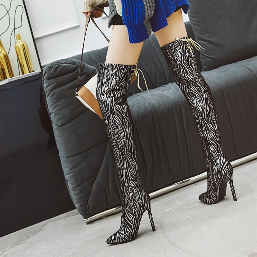 Women Over The Knee Boots Thin High Heels Party Long Tube Booties Lady Sexy Thigh High Boots Woman Gold Silver Large Size 14 48
