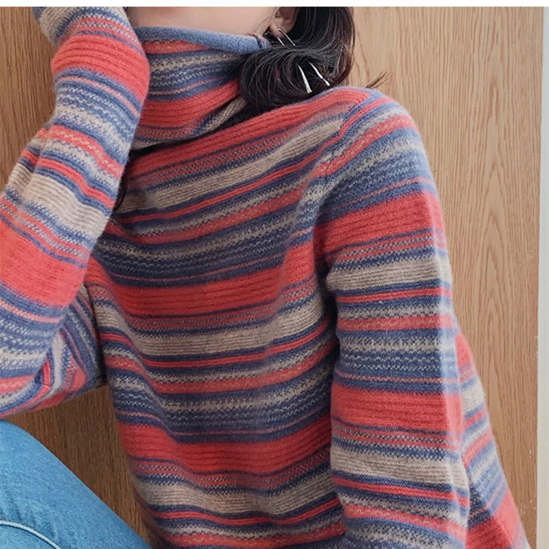 Smpevrg, Модный женский свитер в полоску, шерсть, вязаный свитер, Женский пуловер, водолазка с длинным рукавом, женский джемпер, мягкий, теплый - Цвет: red tiaowen