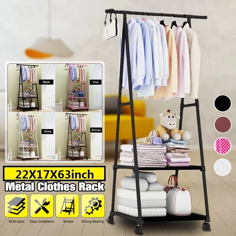 Removable Coat Rack Floor Hanger Shelf Stand with Wheels Multifunction Storage Rack Organizer Garment Clothes Holder Shelves