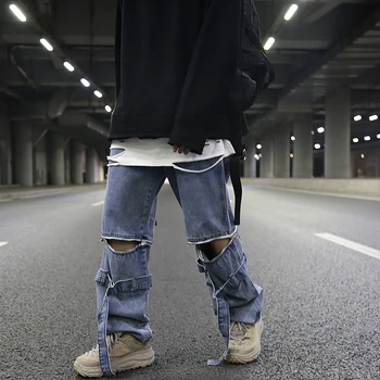 

New men's personalized zipper detachable jeans Europe and America men's hip-hop loose wide-leg pants