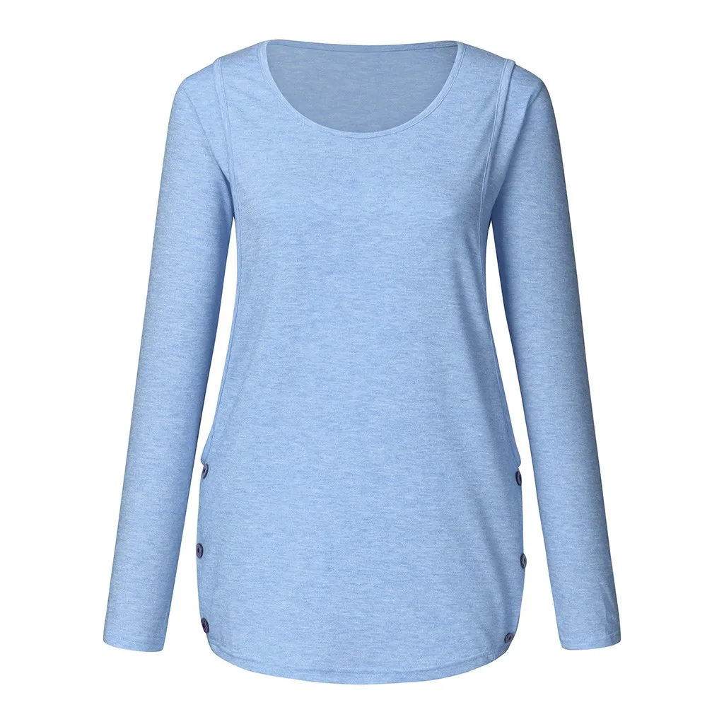 Light Blue Топ для кормящих женщин с длинным рукавом, футболка для грудного вскармливания, зимняя туника на пуговицах, элегантная одежда для беременных, футболка embarazada, 19Aug - Цвет: Light Blue