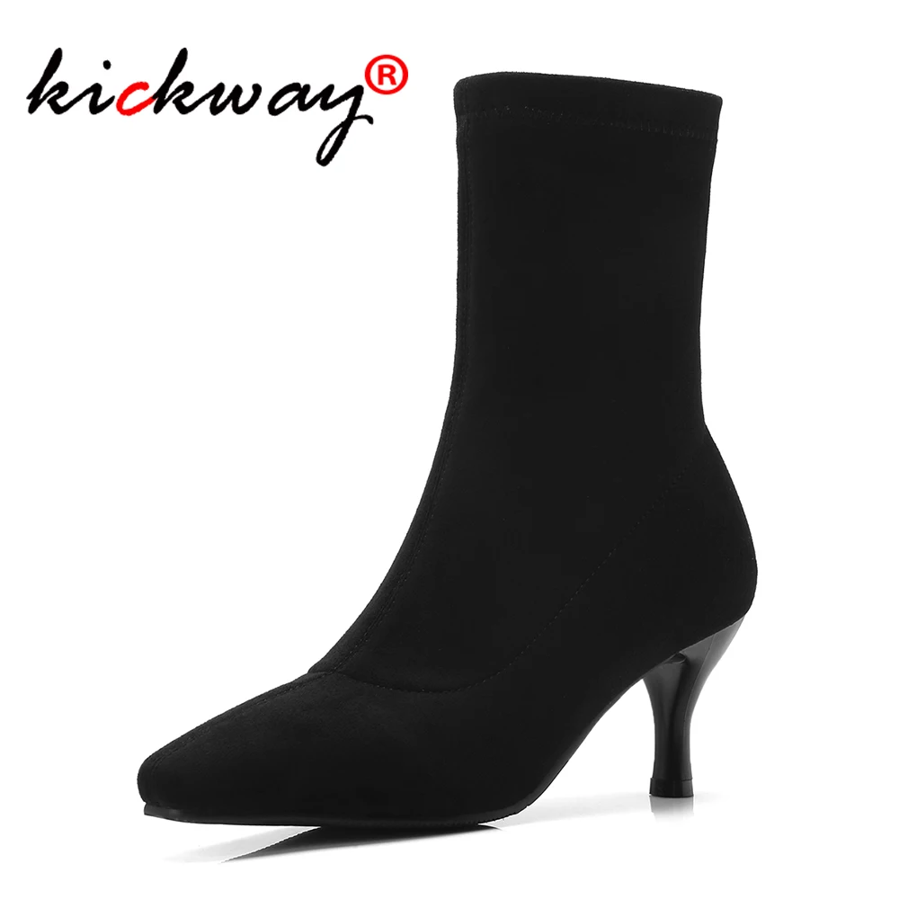 

Newest Autumn Winter Female Sock Boots Thin High Heels Woman Stretch Boots Ankle Booties Pointed Toe Sexy Solid Flock Short Boot