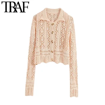 

TRAF Women Fashion Hollow Out Cropped Knitted Cardigan Sweater Vintage Long Sleeve Button-up Female Outerwear Chic Tops