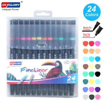 

24 Colors Dual Tip Brush Pens with 0.4mm Fineliner&Fiber Brush Tip Art Markers Water Based Ink Color Pens Supplies for Children