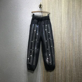 

European Style Loose Pants Women 2020 New Spring Winter Vertical Striped Rhinestone Elastic-Waist Plus Velvet Thick Warm Pants