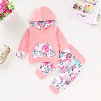 

Spring Autumn Children Baby Girl Casual Clothe 2Pcs/Set Long Sleeve Floral Pattern Hoodie Sweatshirt Tops With Pocket+Pants Set