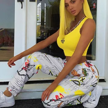 

Graffiti Print Loose Harem Pants Women Joggers High Waist White Trousers Female Streetwear Hip Hop Womens Sweatpants