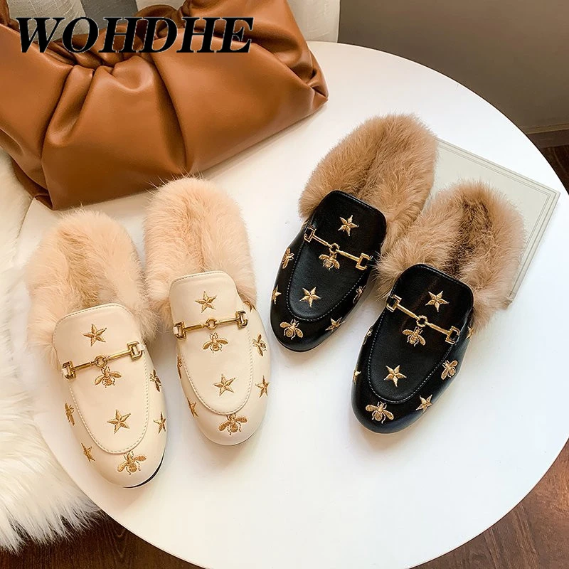 Zapatos planos bordado de abejas para mujer, sin cordones Mules, mocasines de piel para de felpa, cálidos para invierno|Zapatillas| AliExpress