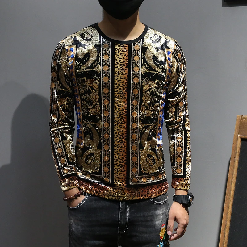 

Long-sleeved T-shirts Mens Velvet Clothing Gold Printed T Shirts Mens Baroque T Shirts Slim Fit Luxury Mens Fashion Flannel Tops
