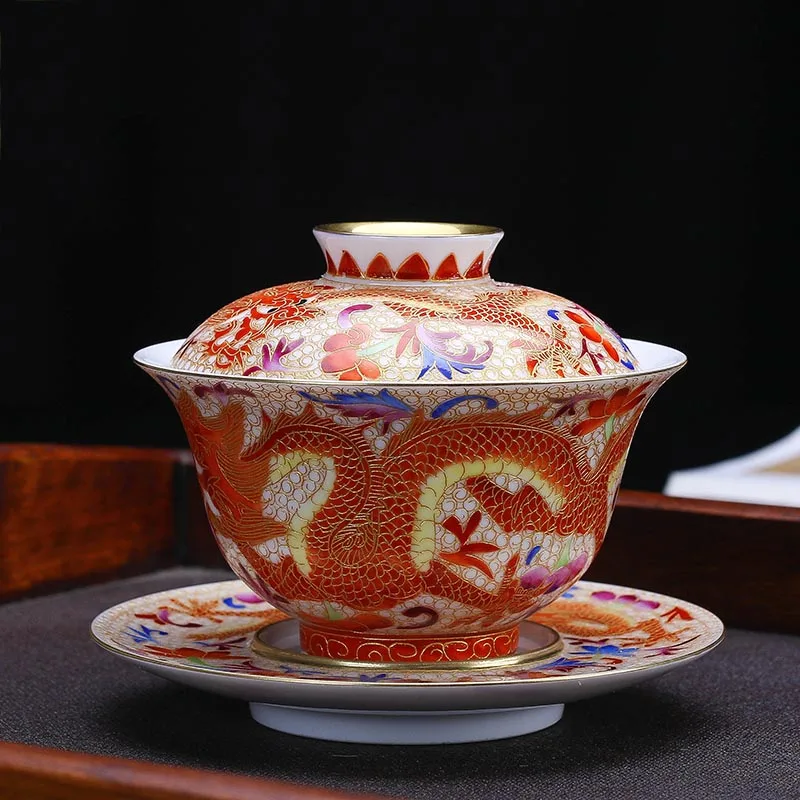 

180ml Jingdezhen Ceramic Porcelain Gaiwan Handmade Enamel Color Dragon Phoenix Tea Bowl Master Teacup Home Decoration Collection