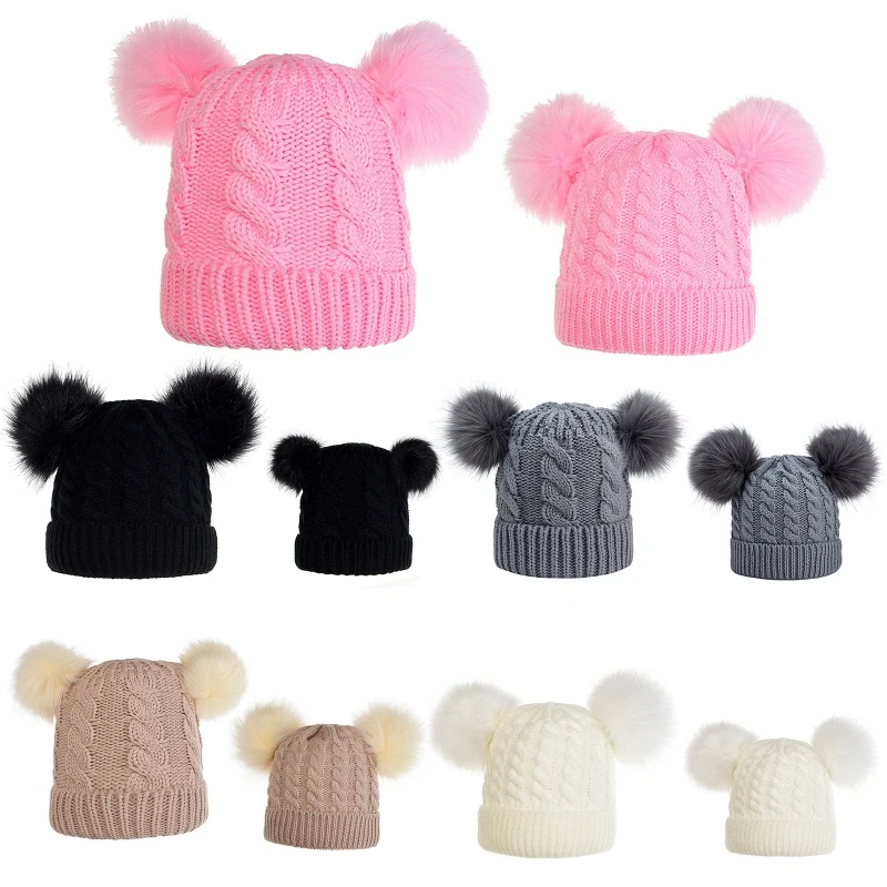 

2Pcs Parent-Child Winter Warm Cable Knitted Beanie Hat Cute Double Pompom Solid Color Mom Baby Matching Cuffed Skull Cap