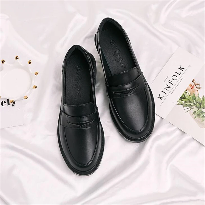 Простые туфли на толстой плоской подошве в британском стиле; женская модная обувь для работы из органической кожи; матовые легкие маленькие туфли - Цвет: Черный