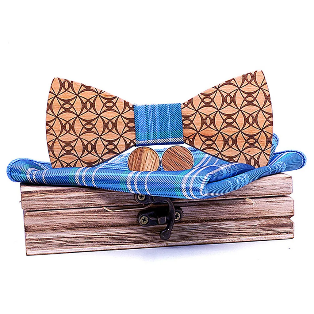 Manual Wooden Bow Tie Handkerchief Set Men's Bowtie Wood Hollow Carved And Box