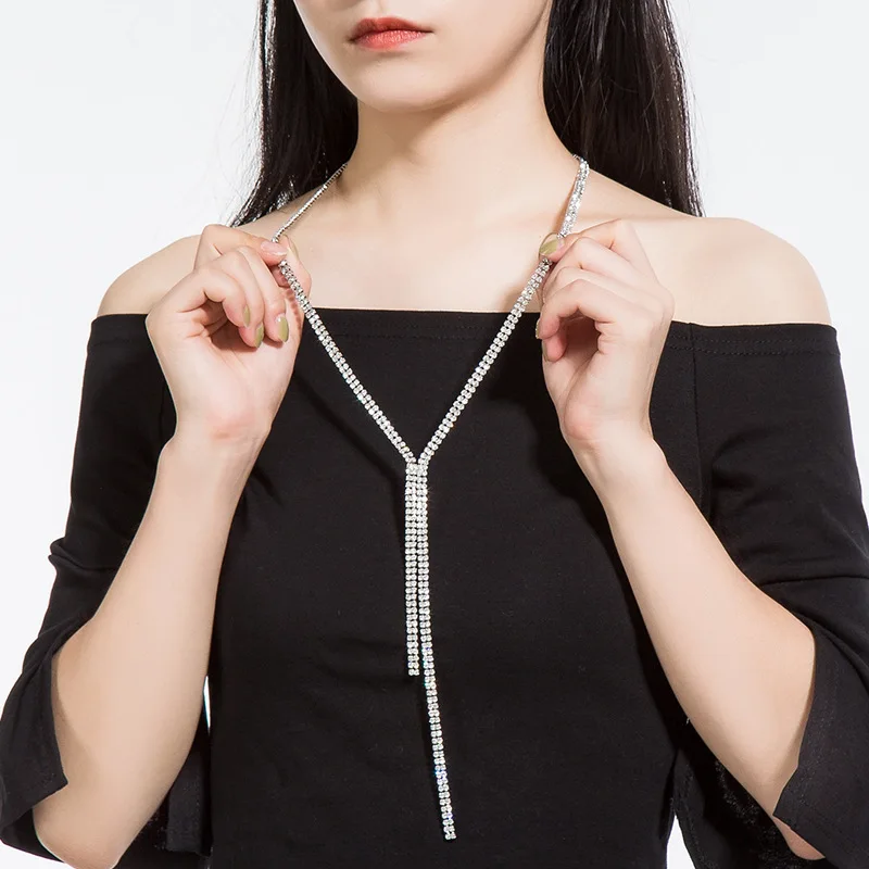 Fashion Rhinestone Chain Tassel Long Necklace For Women New Statement Sweater Necklaces
