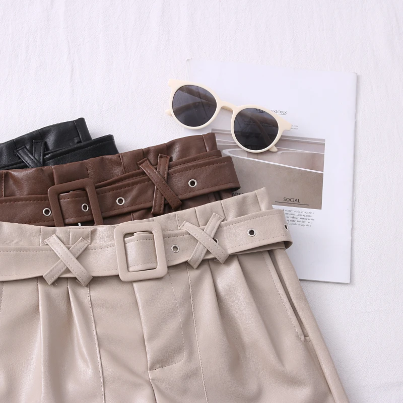 leather shorts 2021 Women's New Autumn Winter Sexy PU Leather Shorts  All-match Sashes Wide Leg Short Ladies Leather Shorts Female Casual khaki shorts