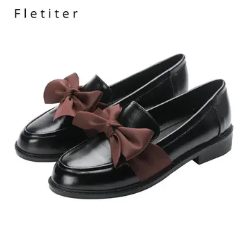 

2020 Women Casual Round Toe Black Oxford Shoes for Woman Flats Comfortable Slip on Leather Male loafers Shoes Fletiter
