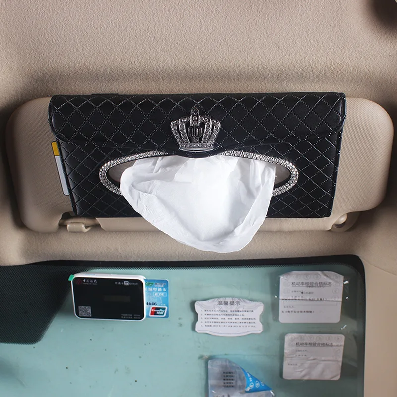 

New Crown Car Sun Visor Tissue Box Leather Hanging Tissue Case Girls Crystal Studded Rhinestone Auto Paper Towel Storage Bag