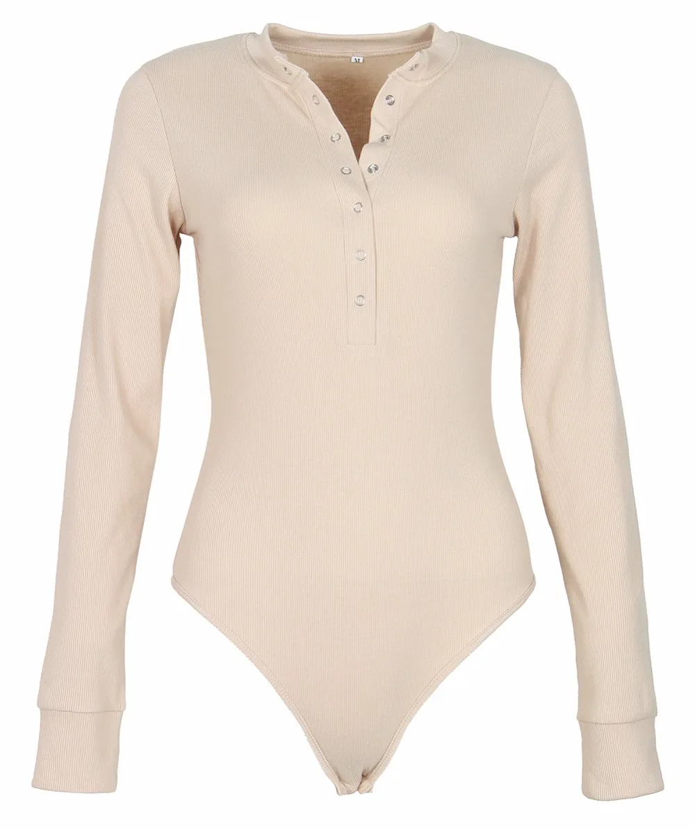 2020 Autumn Women Sexy V Neck Knitted Bodysuit Long Sleeve Buttons Rompers Casual One-pieces Bodysuit Club Party Outfits PL0446M