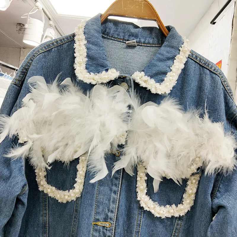 autumn new Korean version of the loose fashion three-dimensional craft beaded feather denim jacket female