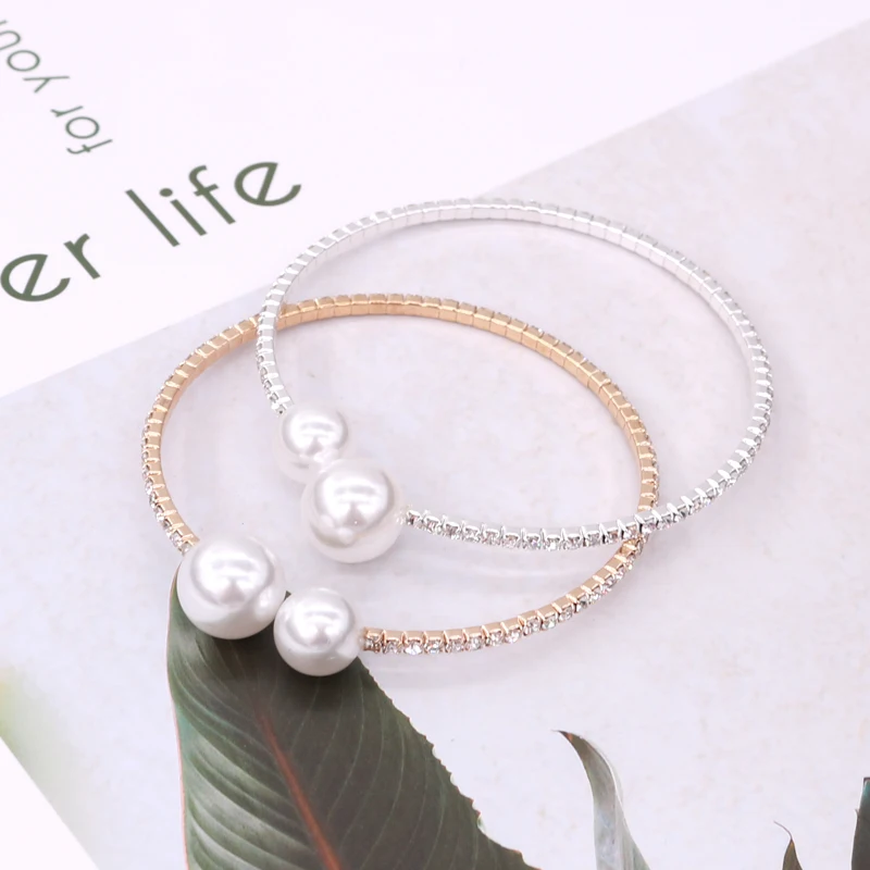 

2019 HOT NEW style 18cm fashion bangle beads-bracelets pearl vintage women gold and silver color personality accessories 2 PCS