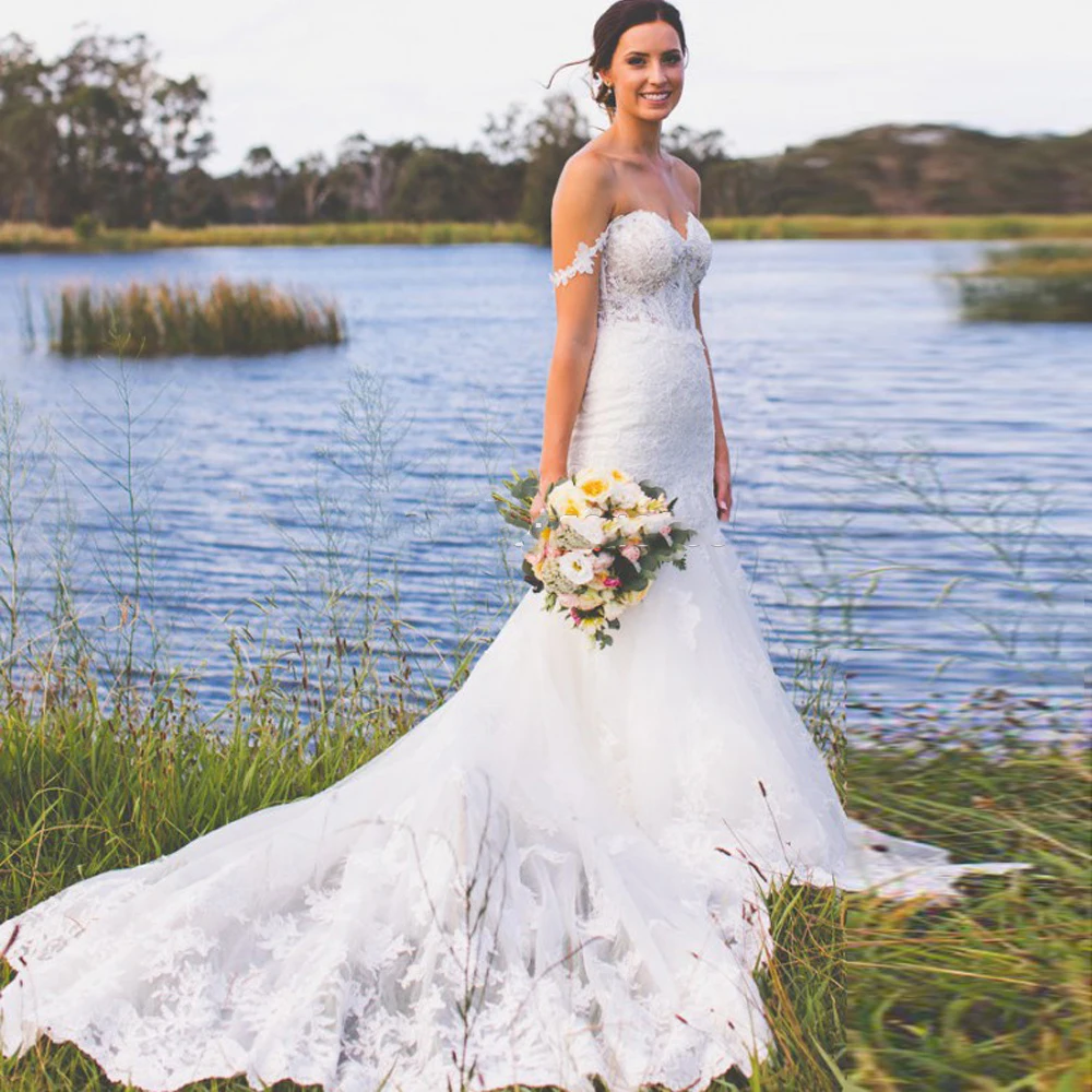 

Luxury Mermaid Wedding Dresses Beaded Lace Applique Sweetheart Off The Shoulder Bridal Gowns Sweep Train Wedding Dress